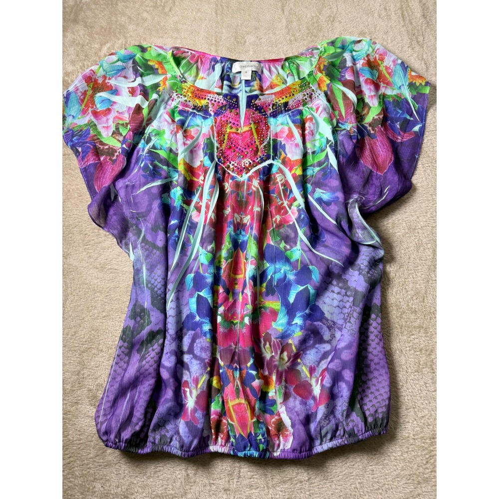 Dressbarn Womens Medium Floral Print Embellished Top Y2K Vintage Boho Eclectic